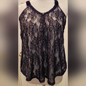 Y2K JOLT Black & Gold Glitter Floral Lace Mesh Babydoll Top w Lining.